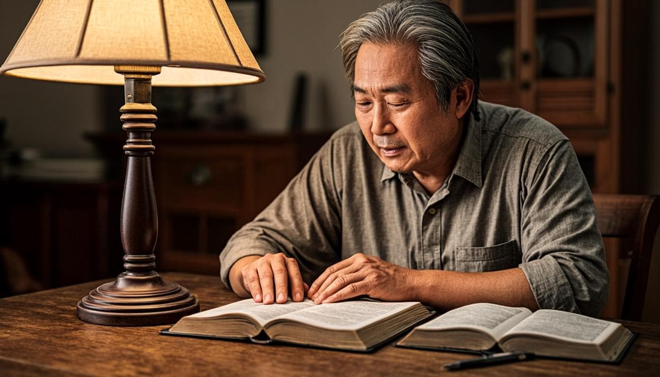 Person studying the Bible at home through correspondence